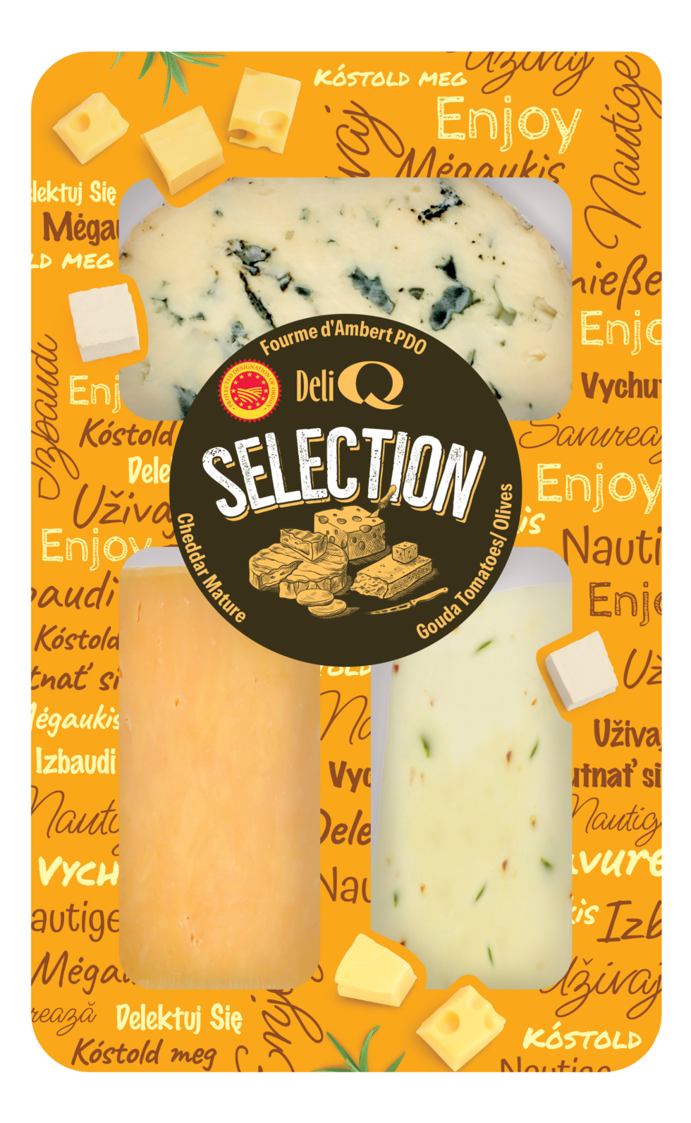 DELI Q SELECTION Cheddar Mature/ Fourme d’Ambert AOP/ Gouda Pomidory/Oliwki